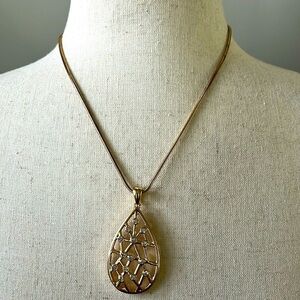 Dana Buchman‎ Gold and White Rhinestone Tear Drop Pendant 16” Snake Chain